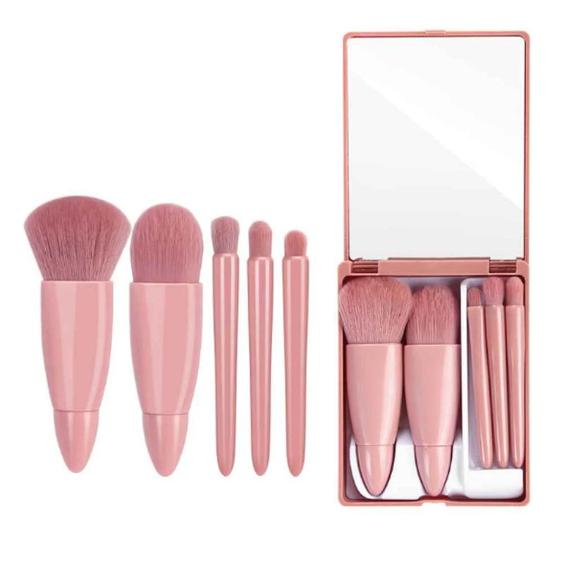 Mini Portable Makeup Mirror With 5 Pcs Makeup Brushes Magnifying Glass Hand Hold Pocket Foldable Makeup - Varity